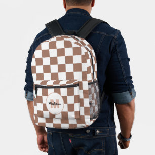 Mochila Impresa Cuadrados de cheques mocha retro blanco marrón Mon