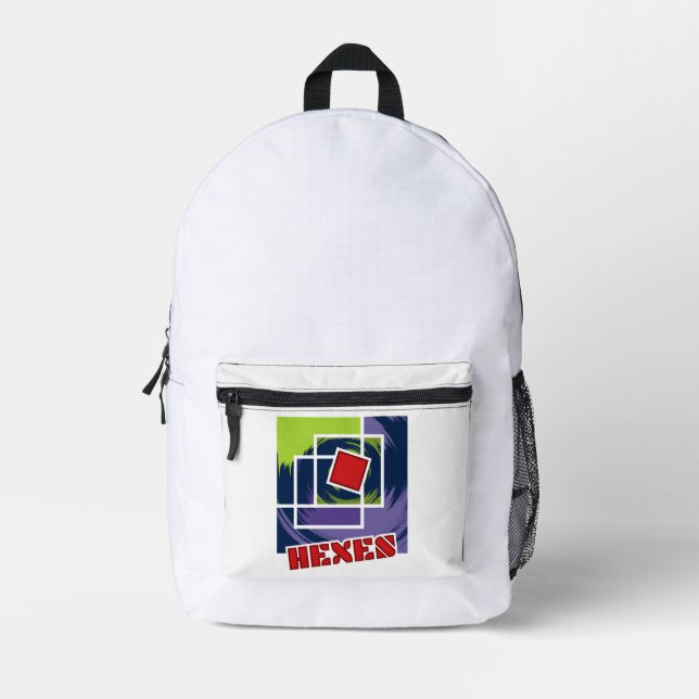 Mochila Impresa Cuadrados de rebeldes verdes y púrpura con hexácul (Anverso)