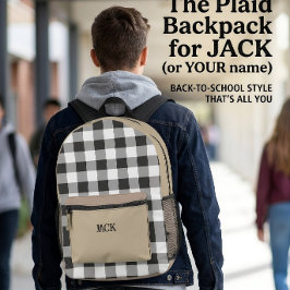 Mochila Impresa Cuadro de gingham negro y monograma beige caqui