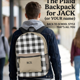 Mochila Impresa Cuadro de gingham negro y monograma beige caqui