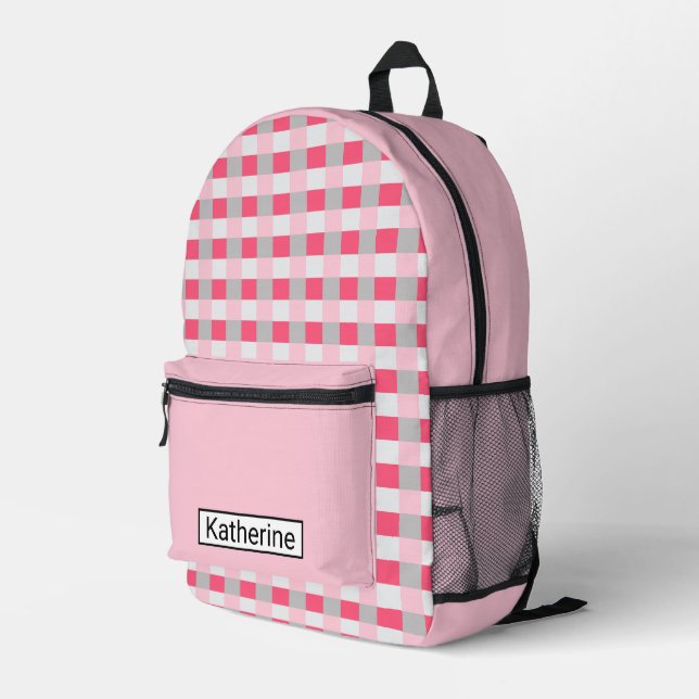 Mochila Impresa Cuadro rosa y gris  (Esquina derecha trasera )
