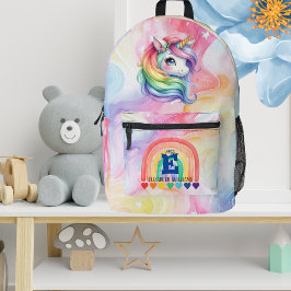 Mochila Impresa Cuidada acuarela Arcoiris Unicornio Nombre Monogra