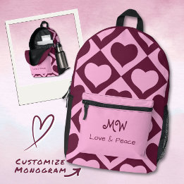 Mochila Impresa Custom Heart Checkerboard Pattern Pink Bordeaux -