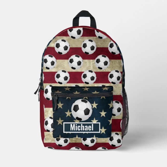 Mochila Impresa Custom Name American Flag Soccer Boys Backpack (Anverso)