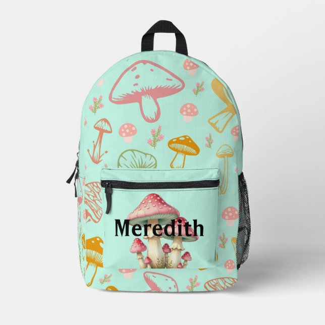 Mochila Impresa Custom Name Backpack Teal Mushroom Pattern School (Anverso)