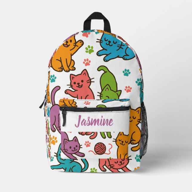 Mochila Impresa Custom Name Colorful Cartoon Cat Backpack – Kids  (Anverso)