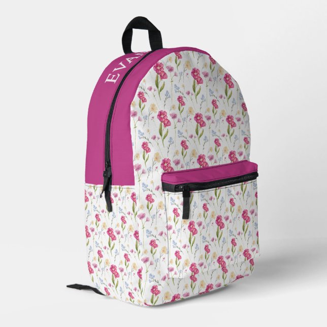Mochila Impresa Custom Name Pink Purple Watercolor Wildflower  (Esquina izquierda trasera)