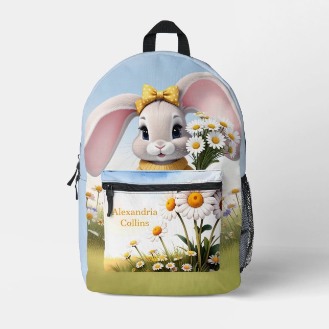 Mochila Impresa Custom Name Rabbit with white daisies (Anverso)