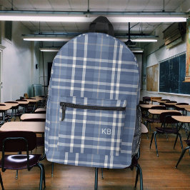 Mochila Impresa Cute Blue Plaid Tartán Check Monograma Iniciales