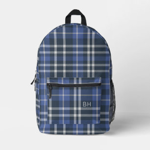 Mochila Impresa Cute Blue Plaid Tartán Check Monograma Iniciales
