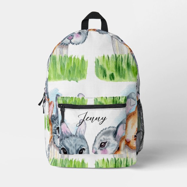 Mochila Impresa Cute Bunny Heads Green Grass Personalizado (Anverso)