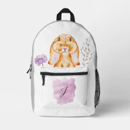MOCHILA IMPRESA CUTE BUNNY VIOLET FLOWERS GRIS BLANCO NOMBRE PERSO