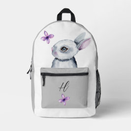 MOCHILA IMPRESA CUTE BUNNY VIOLET FLOWERS GRIS BLANCO NOMBRE PERSO