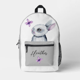 MOCHILA IMPRESA CUTE BUNNY VIOLET FLOWERS GRIS BLANCO NOMBRE PERSO