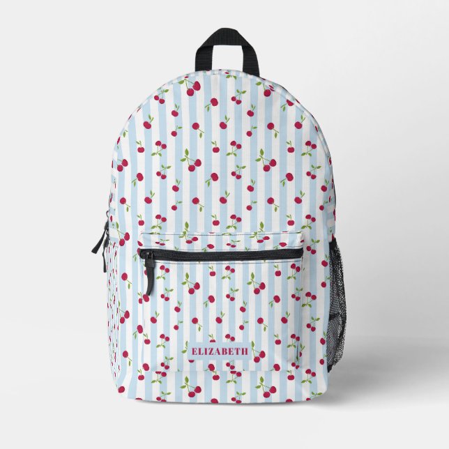 Mochila Impresa Cute Cherry Blue Rayas Personalizado (Anverso)