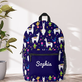 Mochila Impresa Cute Colorful Alpaca Cactus Custom Name Dark Blue