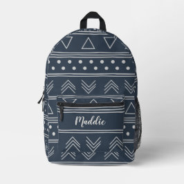 Mochila Impresa Cute Dark Blue Mudcloth Monograma Nombre