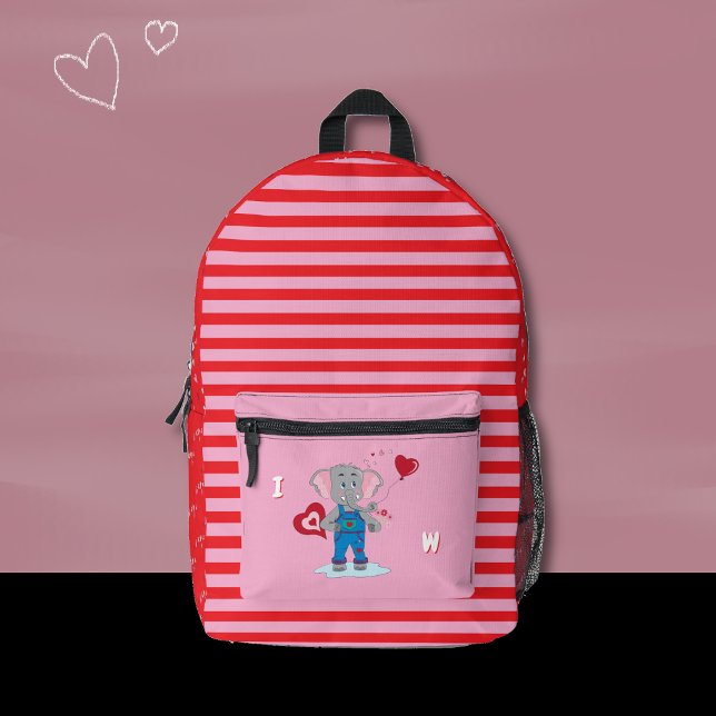Mochila Impresa Cute Elephant Pink and Red Kid Monogram Backpack  (Cute pink and red backpack featuring a cartoon elephant , a stripe pattern and some tiny hearts .)