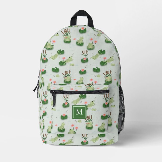 Mochila Impresa Cute Frogs in Lily Pond Monogrammed Initial (Anverso)