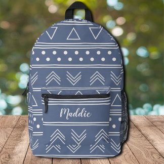 Mochila Impresa Cute Girly Blue Mudcloth Monograma Nombre