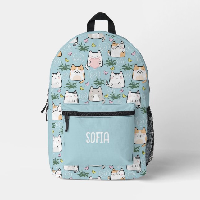 Mochila Impresa Cute kawaii kitty patrón azul azulado (Anverso)