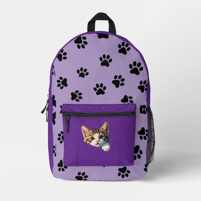 Mochila Impresa Cute Kitten Peeking Purple Paw Print Backpack (Anverso)