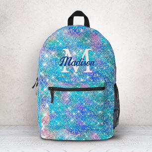 Mochila Impresa Cute monograma de unicornio iridiscente azul rosa