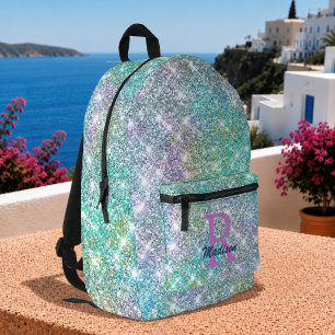 Mochila Impresa Cute monograma iridiscente de unicornio azul con b