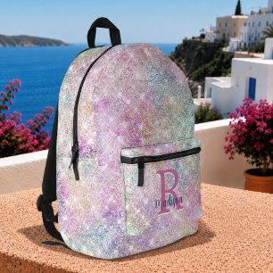 Mochila Impresa Cute monograma moderno de unicornio rosa con brill