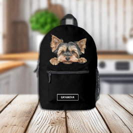 Mochila Impresa Cute Peeking Yorkie en negro con nombre