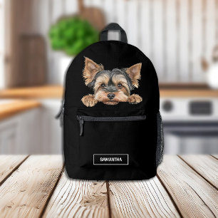 Mochila Impresa Cute Peeking Yorkie en negro con nombre