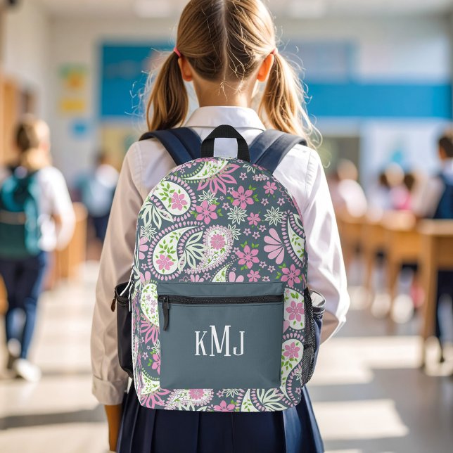 Mochila Impresa Cute Pink Paisley Monogram Personalized (pink paisley pattern monogram backpack.)
