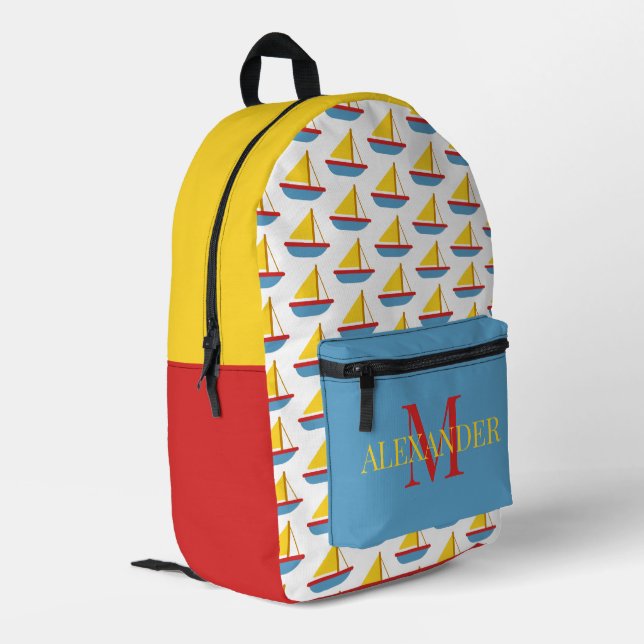 Mochila Impresa Cute Red Blue Yellow Toy Sailboat Monogram (Esquina izquierda trasera)