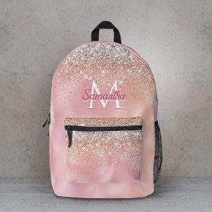 Mochila Impresa Cute rosa oro falso brillo monograma
