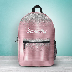 Mochila Impresa Cute rosa rubor plata monograma de purpurina falsa