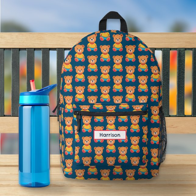 Mochila Impresa Cute Teddy Bears Niños con Colorido Brillo (A cute backpack with colorful teddy bears design on a navy blue background, and custom name panel)