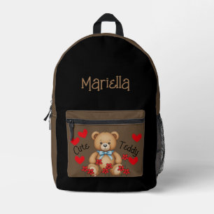Mochila Impresa Cute Teddy Personaliza tu nombre marrón negro