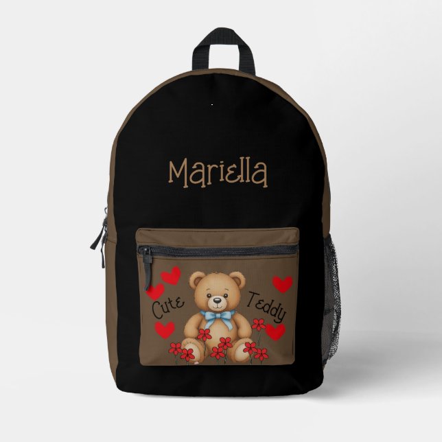 Mochila Impresa Cute Teddy Personaliza tu nombre marrón negro (Anverso)