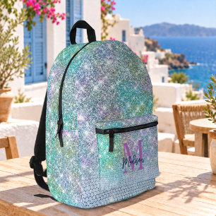 Mochila Impresa Cute Turquesa monograma de purpurina falsa de unic