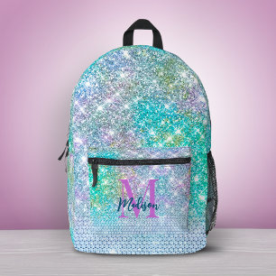 Mochila Impresa Cute Turquesa monograma de purpurina falsa de unic