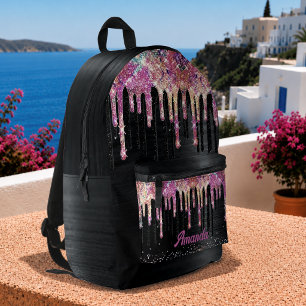 Mochila Impresa Cute unicorn purpurina negra cumpleaños monograma