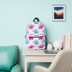 Mochila Impresa Dahlia rosa, Dahla azul, patrón floral, flores