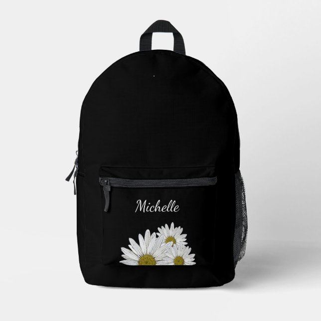 Mochila Impresa Daisies modernos flores dulces blanco negro (Anverso)