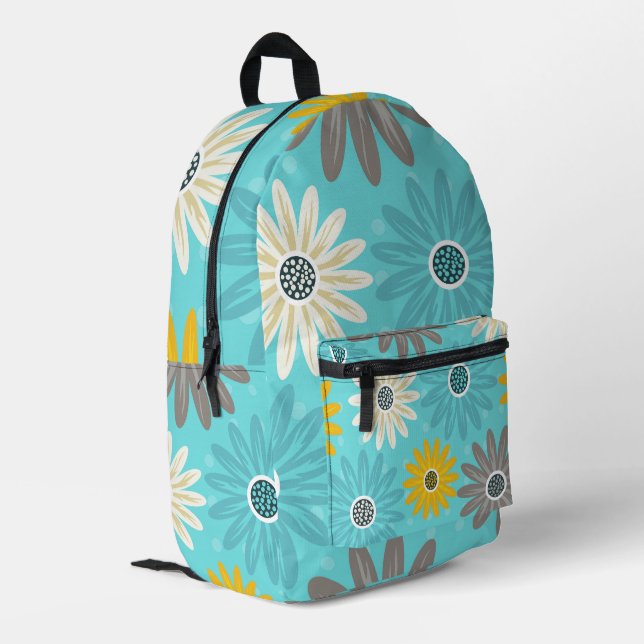 Mochila Impresa Daisy Teal Flower Pattern Backpack (Esquina izquierda trasera)