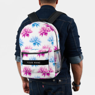 Mochila Impresa Dalia Rosa y Azul, Patrón Floral, Tu Nombre