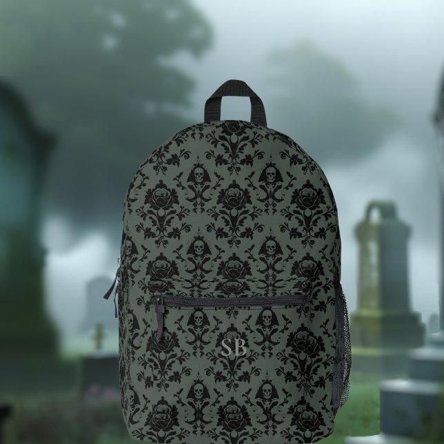 Mochila impresa de cráneo romántico y damasco Rosa (Dramatic and dark damask pattern backpack with space for your initials. )