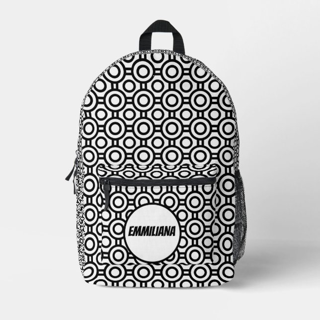 Mochila impresa de puntos de polka blanco y negro  (Anverso)