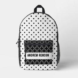 Mochila impresa de puntos de polka en blanco y neg