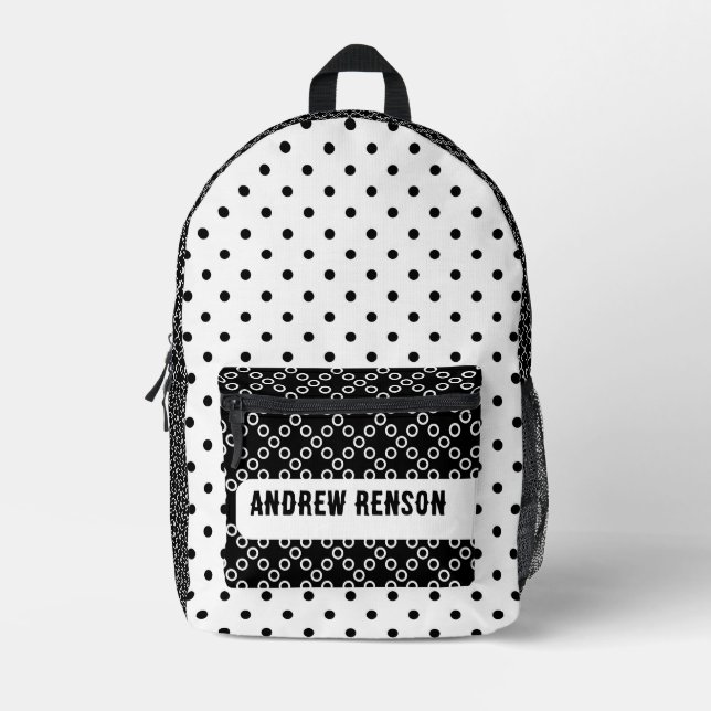 Mochila impresa de puntos de polka en blanco y neg (Anverso)