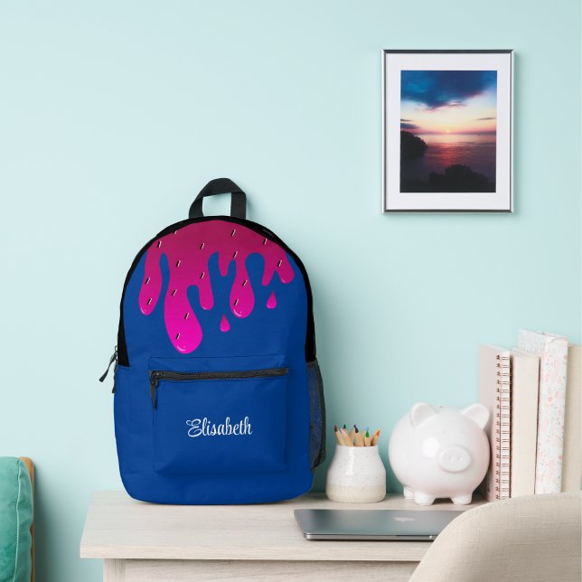 Mochila Impresa Diapositiva de fresa purpurina personalizada (Glitter Strawberry Dripping Slime Personalized Printed Backpack)